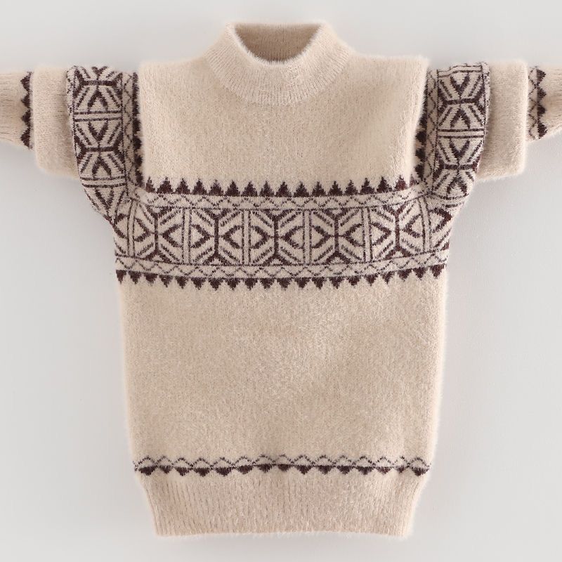 Chłopięcy Zimowy Sweter z Długim Rękawem Ciepły Dzianinowy ze Średnim Dekoltem z Norki Pogrubiony Sweter Dziecięcy