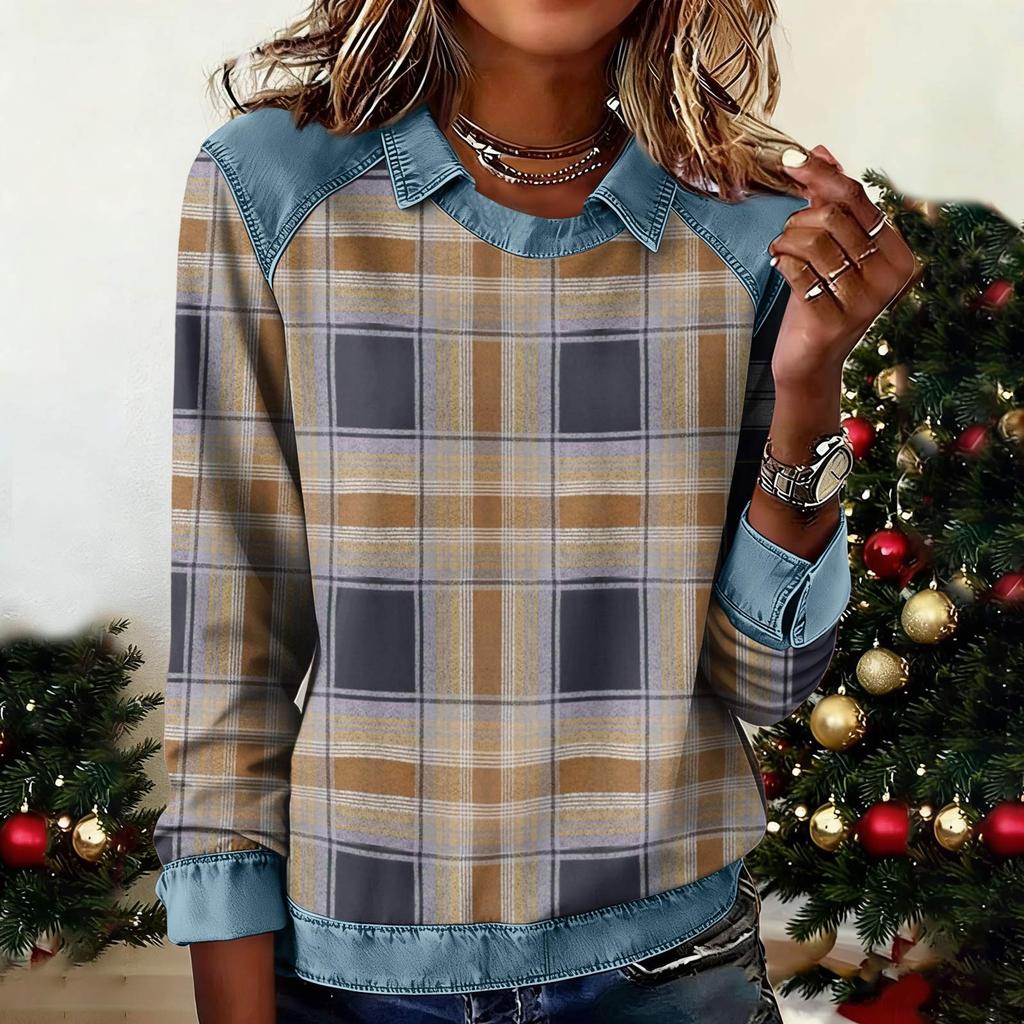 Felpa Casual da Donna Patchwork di Denim a Maniche Lunghe Svasate con Stampa