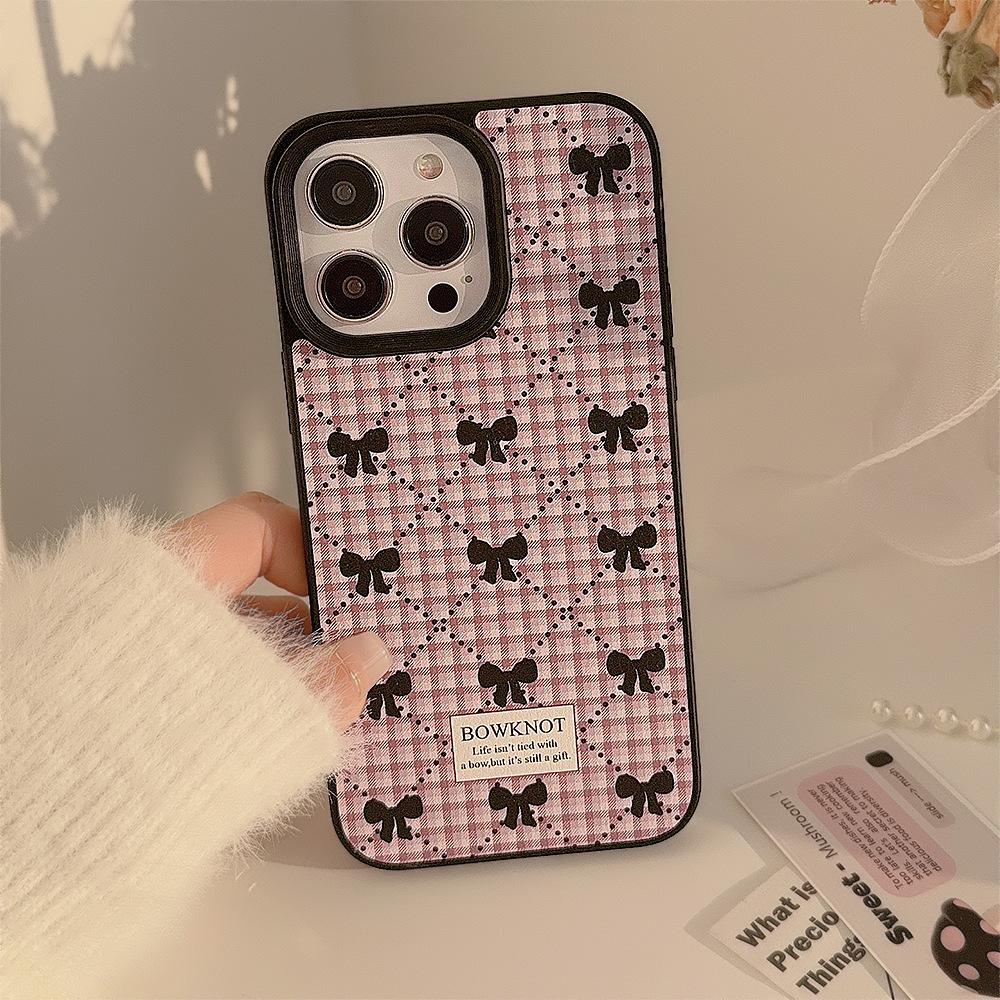 Korean-style Bowknot Plaid Phone Case for iPhone 16, 17 Pro Max, Sweet 11, Suitable for iPhone 15, Leather 13, Winter