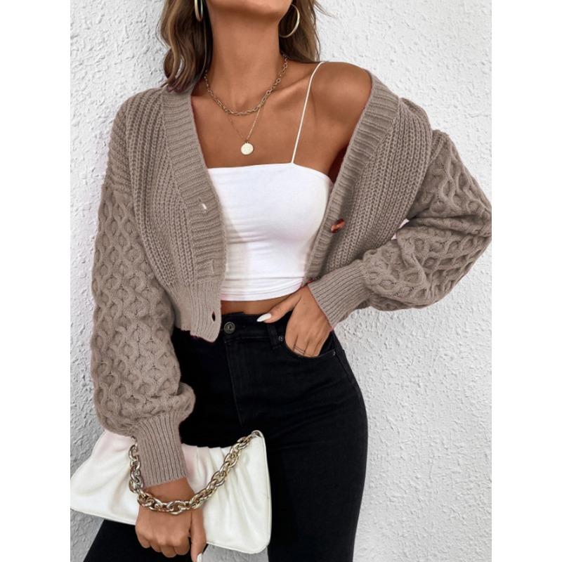 V Neck Single Breasted Drop Shoulder Solid Knit Cardigan