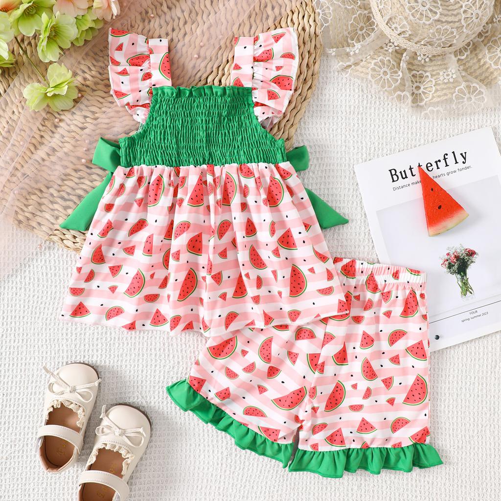 Summer Children's Casual Set with Sweet Watermelon Print Short-sleeved Top and Shorts