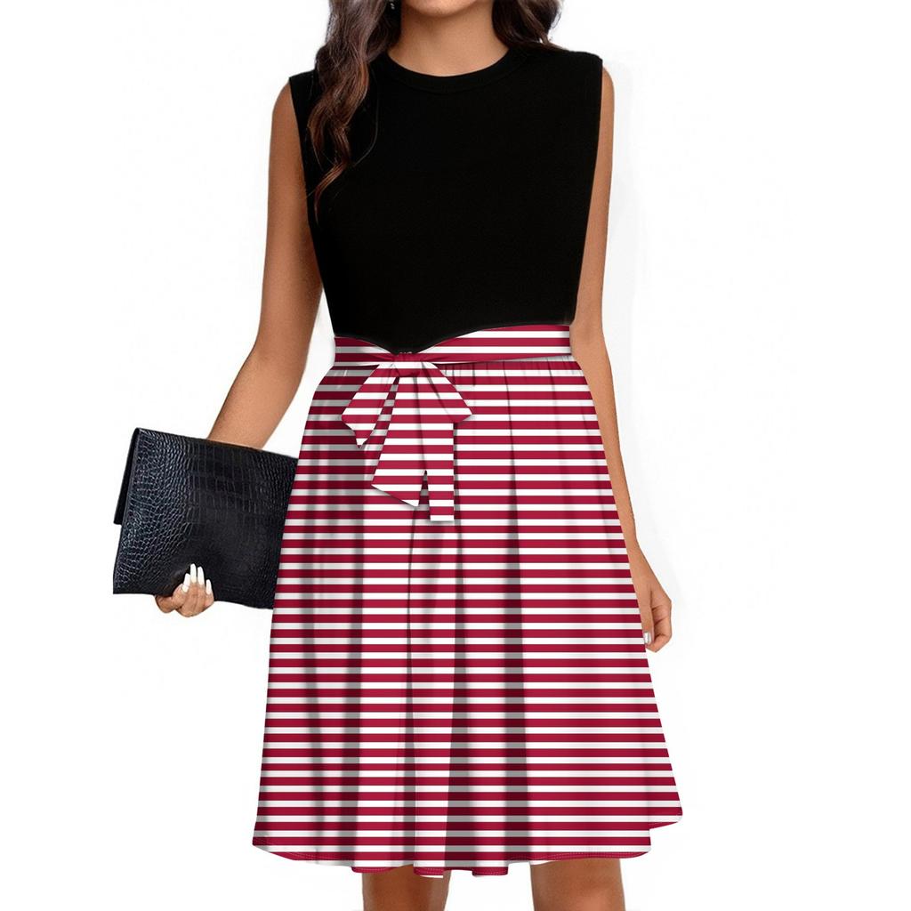 Women's Fashion Striped Printed Casual Lace-up Sleeveless Round Neck Splicing Short Dress