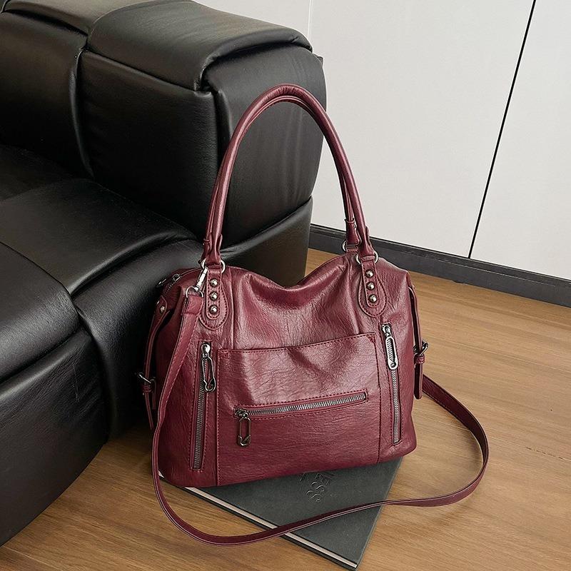 New Retro Style Multi-bag Handbag Large Capacity Soft Washed Leather Messenger Bag Solid Color Tote Bag