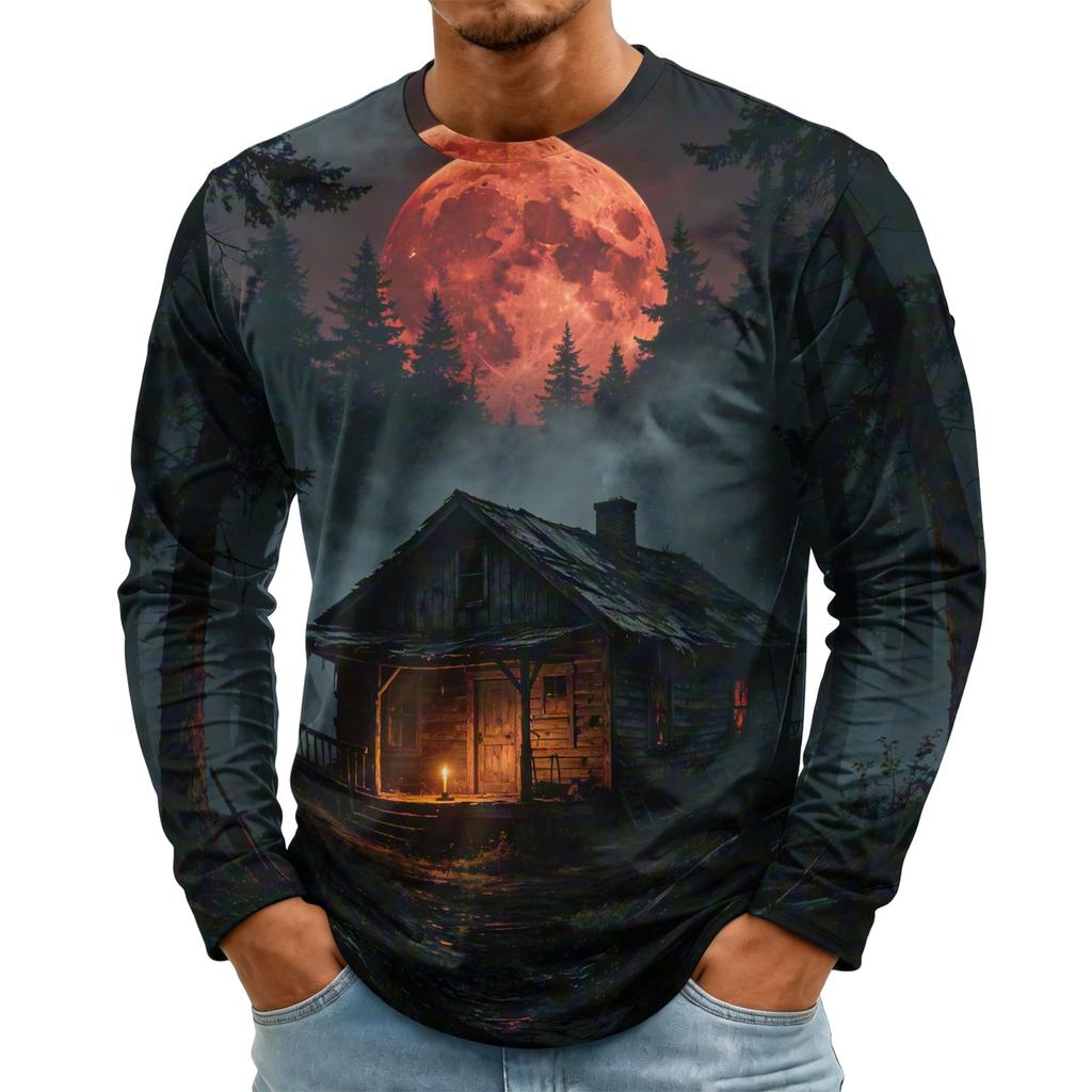 Men's Halloween Print Long Sleeve Neck T-Shirt for Holiday Party
