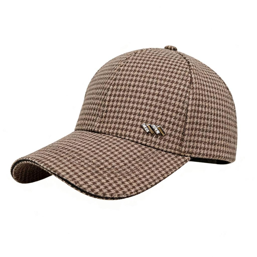 Women's Houndstooth Rhinestone Baseball Cap - Spring/Autumn Style: Casual, Warm, Double Layer Duckbill Hat