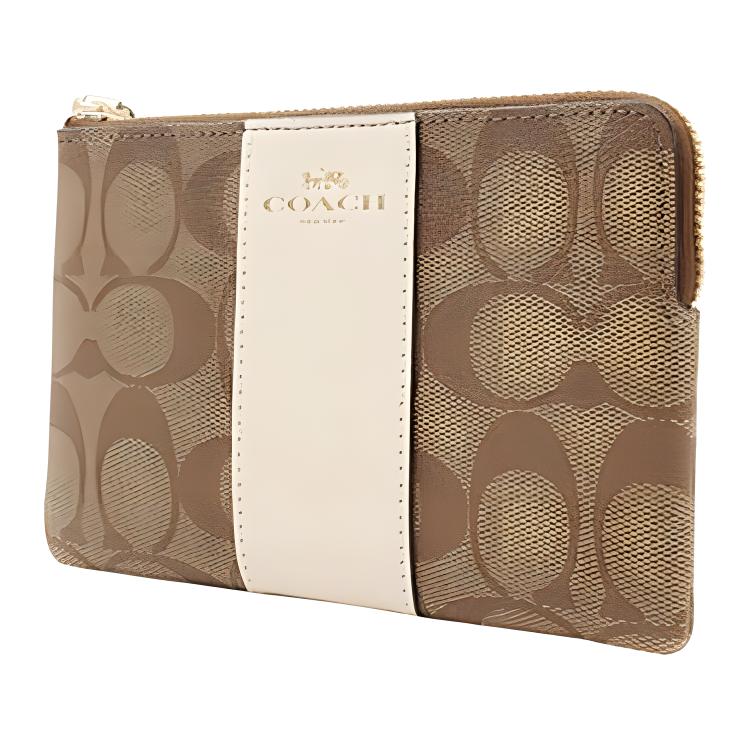 Coach Corner Zip 16 Monogram Leather Clutch Wristlet Women Clutch Khaki White 58035-IMDJ8