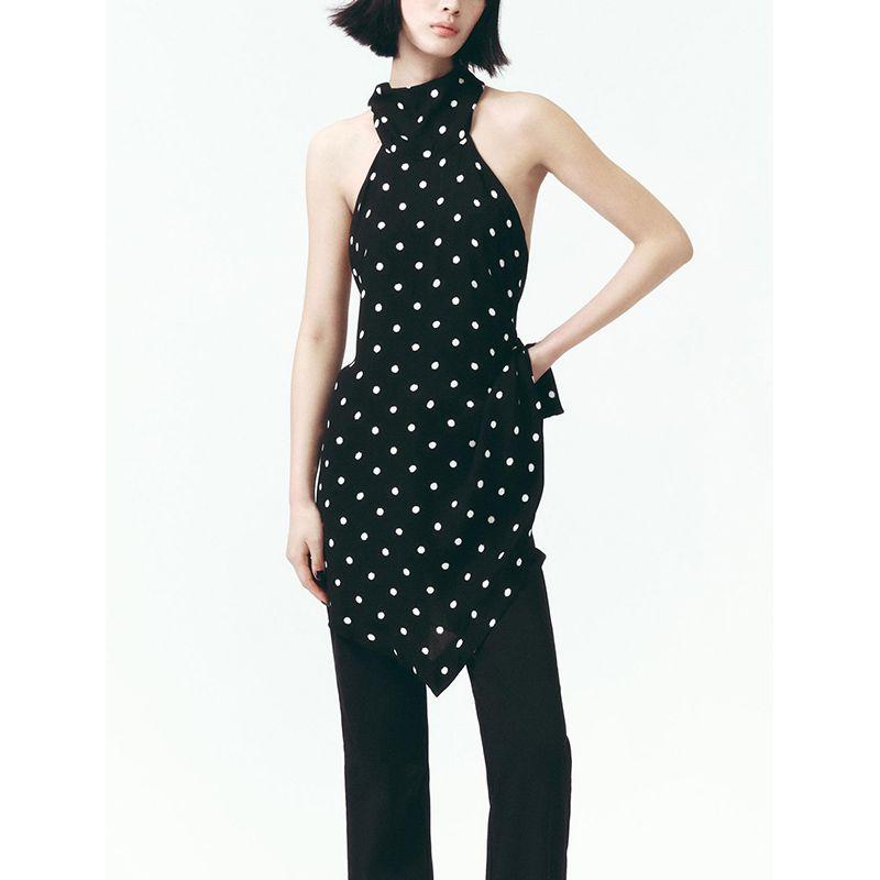 Summer New Product Women's Clothes Bowknot Decoration Asymmetric Hem Design Polka Dot Hanging Collar Tops 3559564