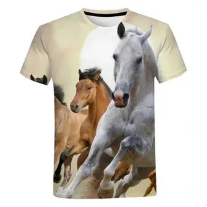 Summer Comfortable Fashionable 3D Printed Horse Pattern Round Neck Kids Clothes Fashion Casual Tops Soft Girls Creative Colorful T-Shirt