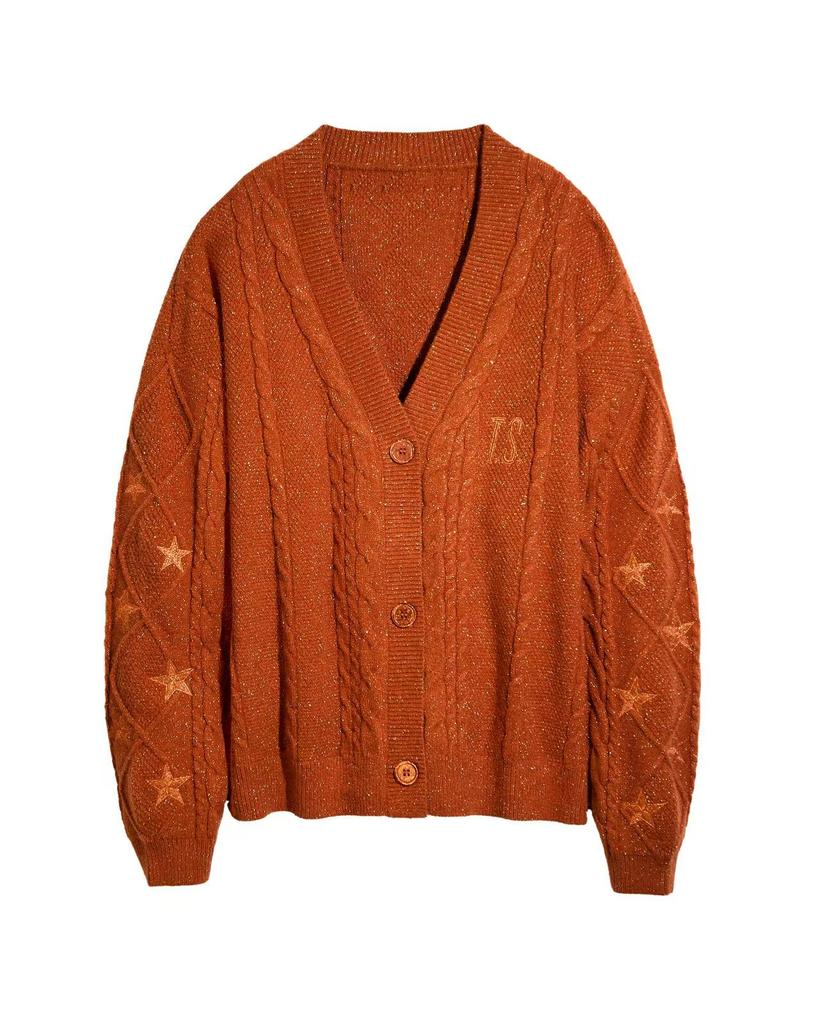 Title: Women's Orange Brown V-Neck Knit Cardigan with Twisted Cable Pattern