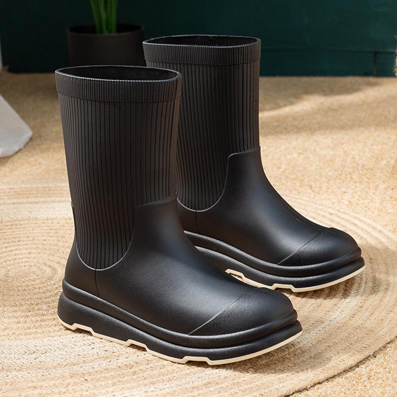 

Флисовые водонепроницаемые туфли дождевые туфли женская мода толстая подошва новые средней высоты с высоким голенищем нескользящие резиновые сапоги рабочие износостойкие водонепроницаемые сапоги 40