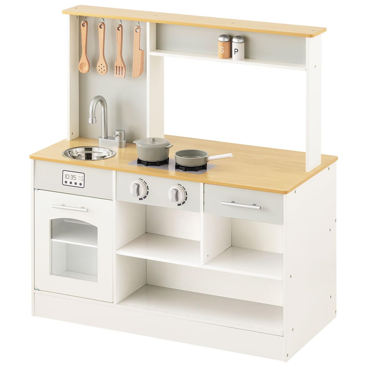 

Bon Furniture Деревянный Игровой с Колесиками и Образовательный Подарок для Белой и Натуральной Кухни, Реверсивный, Посуда, Игрушка, Детский,