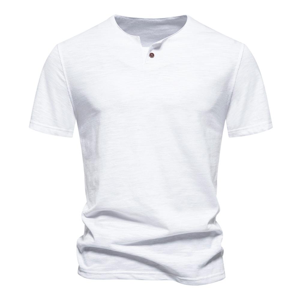 Slub Cotton T-shirt Sold Color Sigle Button V-neck Breathable Short-sleeve T Shirt Hawaiian Shirt Beach Tops Tees for Men
