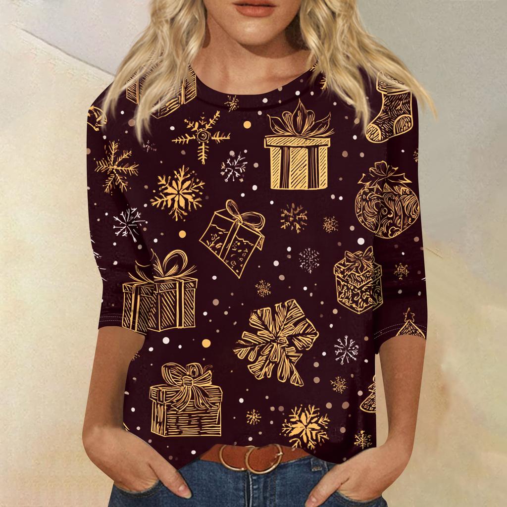 Lässiges Damen-T-Shirt mit Rundhalsausschnitt, Dreiviertelärmeln und Weihnachtsmotiv