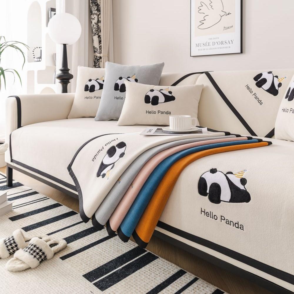 Modern Universal Non-slip Sofa Towel Chenille Solid Color Couch Cover for Living Room Four Seasons Panda Embroidery Sofa Cover