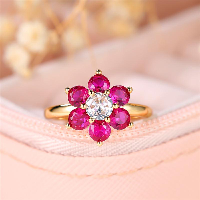 Anello con Fiore in Zircone Rosso Rosa Charm Giallo Oro Carino Matrimonio Estivo Per Donne
