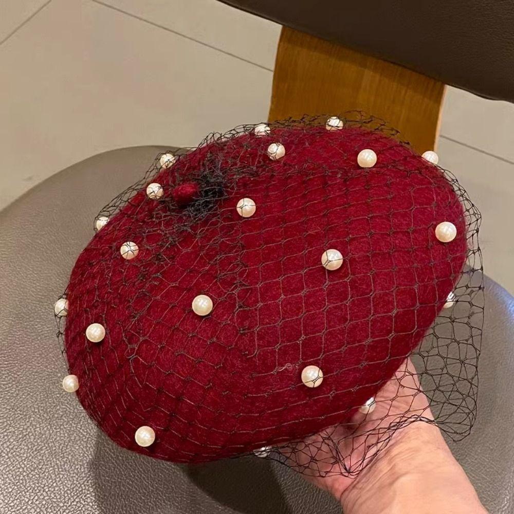 With Mesh Veil Wool Beret for Women Pearl Beanie Caps Elegant Painter Hat Banquet
