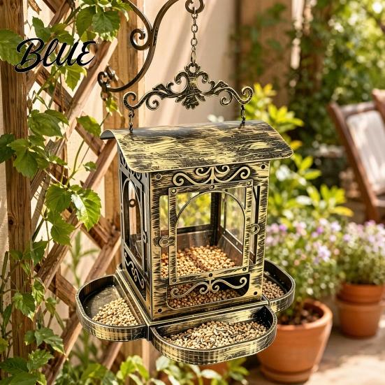 Bird Feeder Retro Metal Feeder, Hanging with Transparent Acrylic Bronze Texture Panels, Decorative Garden for Backyard Wild Birds Window