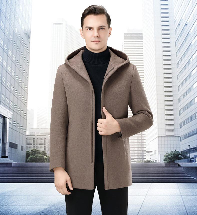 Brand Men's Korean-Style Wool Hooded Mid-Length Double-Faced Wool Down Coat Windbreaker