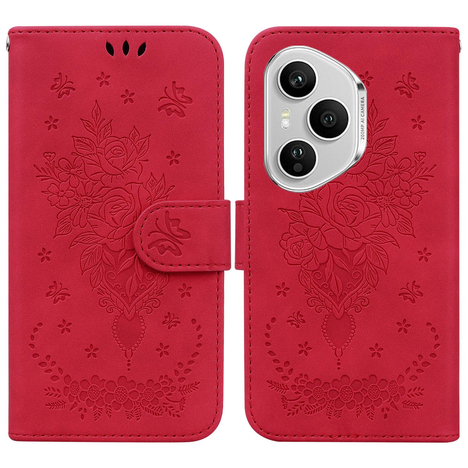 

For Honor 400 Pro 5G (Global) Case Butterfly Flower Imprint PU Leather Wallet Phone Cover with Strap Red