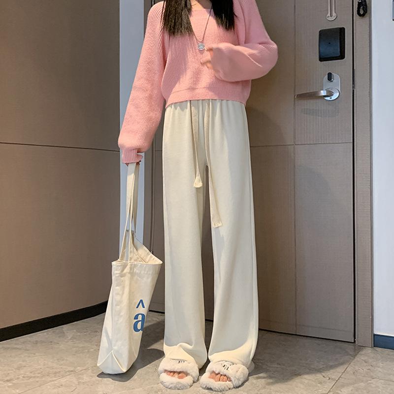 

Drawstring black wide-leg pants women s spring and autumn high waist drooping straight casual sweatpants lazy walking mopping sweatpants XL fits 125-70 kg грязно-белый