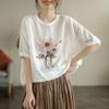 Summer Spring Retro Cotton and Linen Printed Blouse Women's Loose Pullover Literary Retro Casual Short-sleeved T-shirt