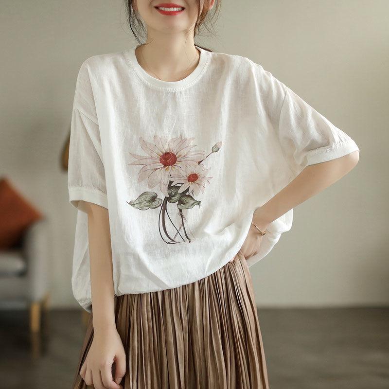 Summer Spring Retro Cotton and Linen Printed Blouse Women's Loose Pullover Literary Retro Casual Short-sleeved T-shirt