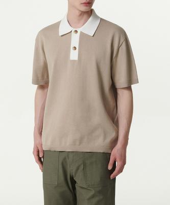 Contrast Collar Knitted Polo Shirt [Beige]