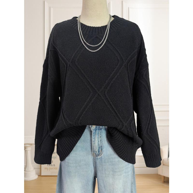 Top Women's Diamond-shaped Jacquard Loose Lazy Style Casual Pullover Sweater Round Neck Long-sleeved