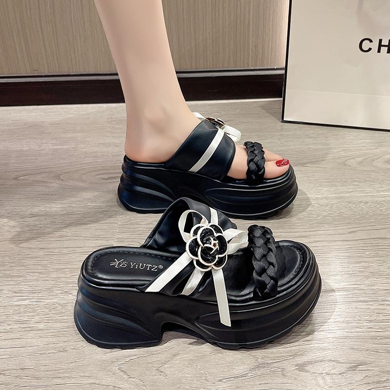 Fashion 9CM Heels Chunky Slippers For Women Open Toe High Platform Leather Sandals Woman 2025 New Summer Thick Bottom Beach Flip Flops
