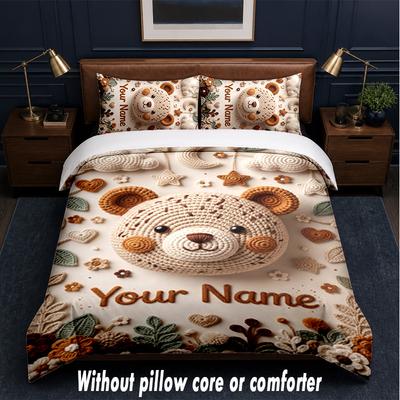 Teddybär-Thema Benutzerdefinierter Text oder Name 3-teiliges Bettwäsche-Set, 1 Bettlaken & 2 Kissenbezüge Personalisierte Heim-Bettwäsche