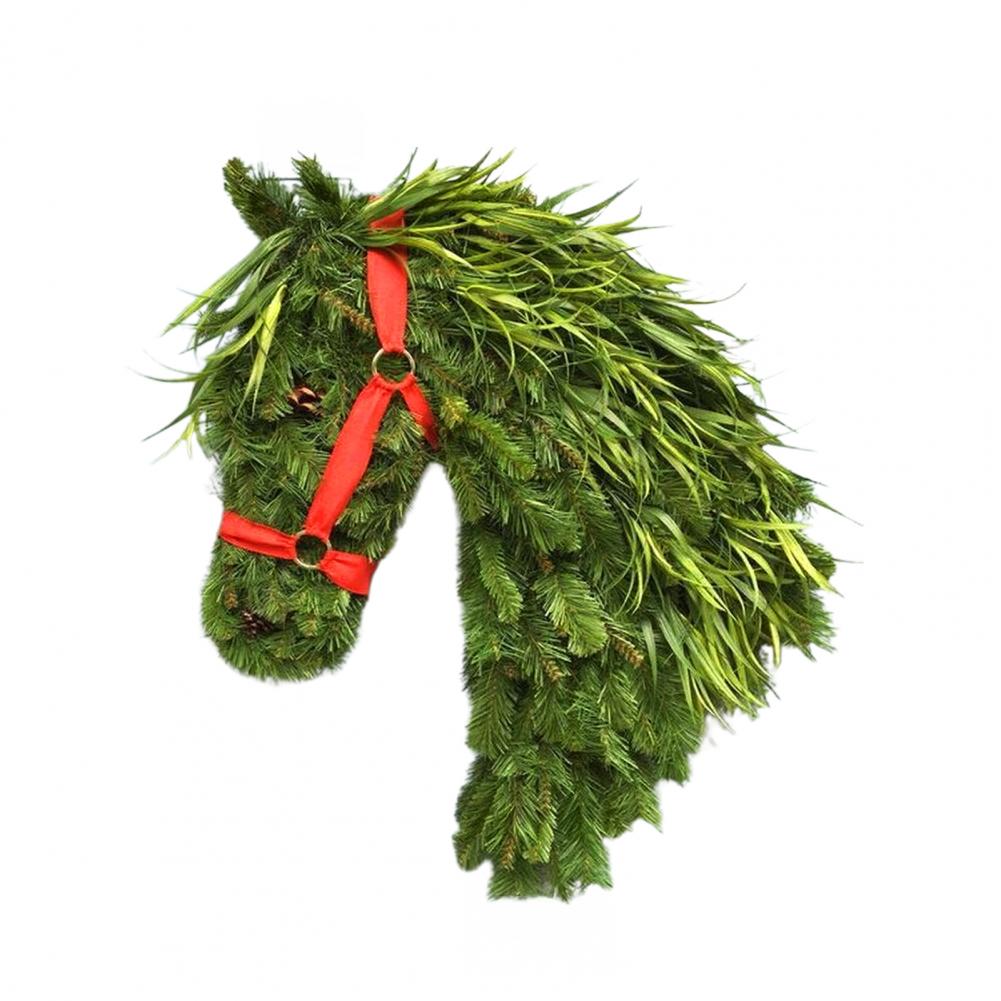 Holiday Horse Decoration Rustic Horse Head Wreath with Ribbon Hand-woven Artificial Branch Equestrian Door Decor Christmas Front
