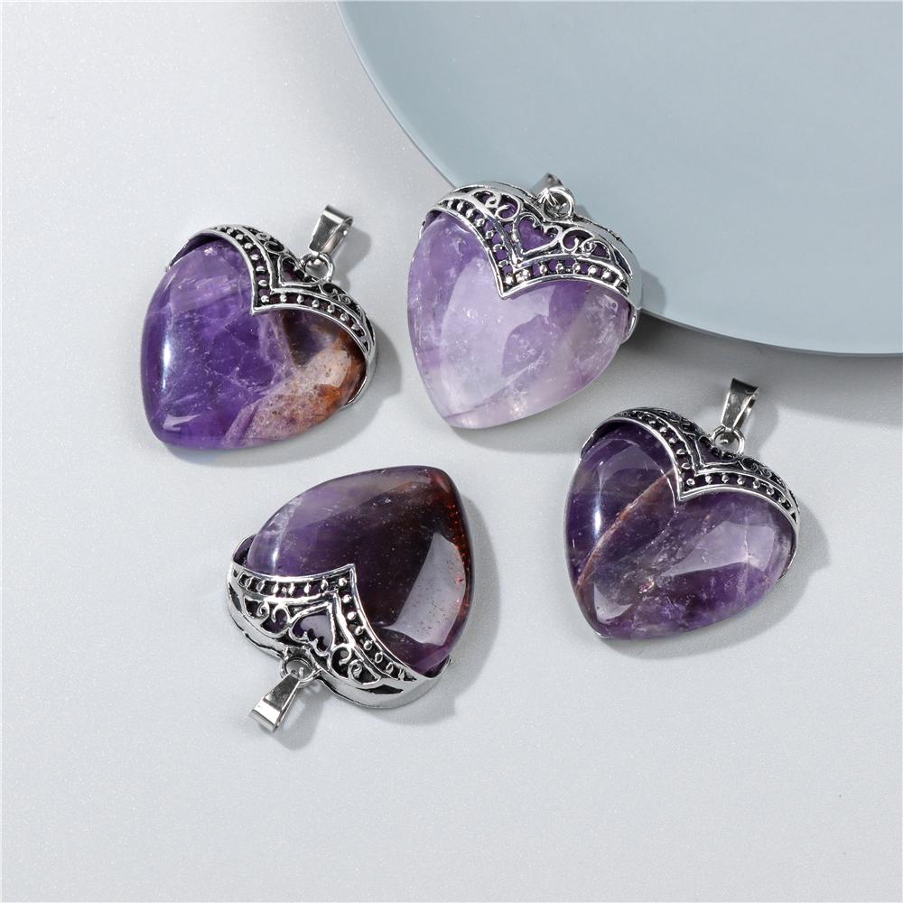 2pcs Natural Stone Heart Shape Necklace Pendant Healing Love Crystal Pendants Amethysts Charms Necklaces Jewelry Women 31*35MM