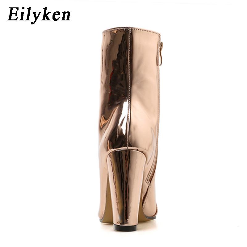 Fashion Eilyken Fashion Gold Silver Patent Leather Women Ankle Boots Pointed Toe Square High Heels Shoes Chelsea Botas De Mujer