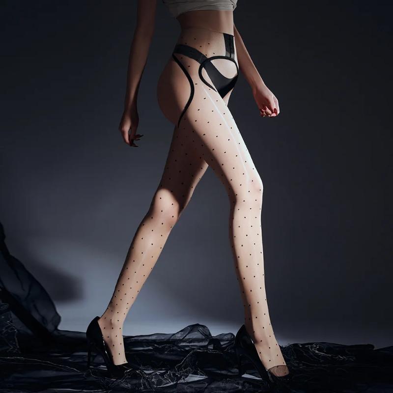 Sexy Women Crotchless Thin Dot Elastic Pantyhose Shiny Maid Tights Sheer See Through Stocking Club Pole Dance Sex Ootd Fashion