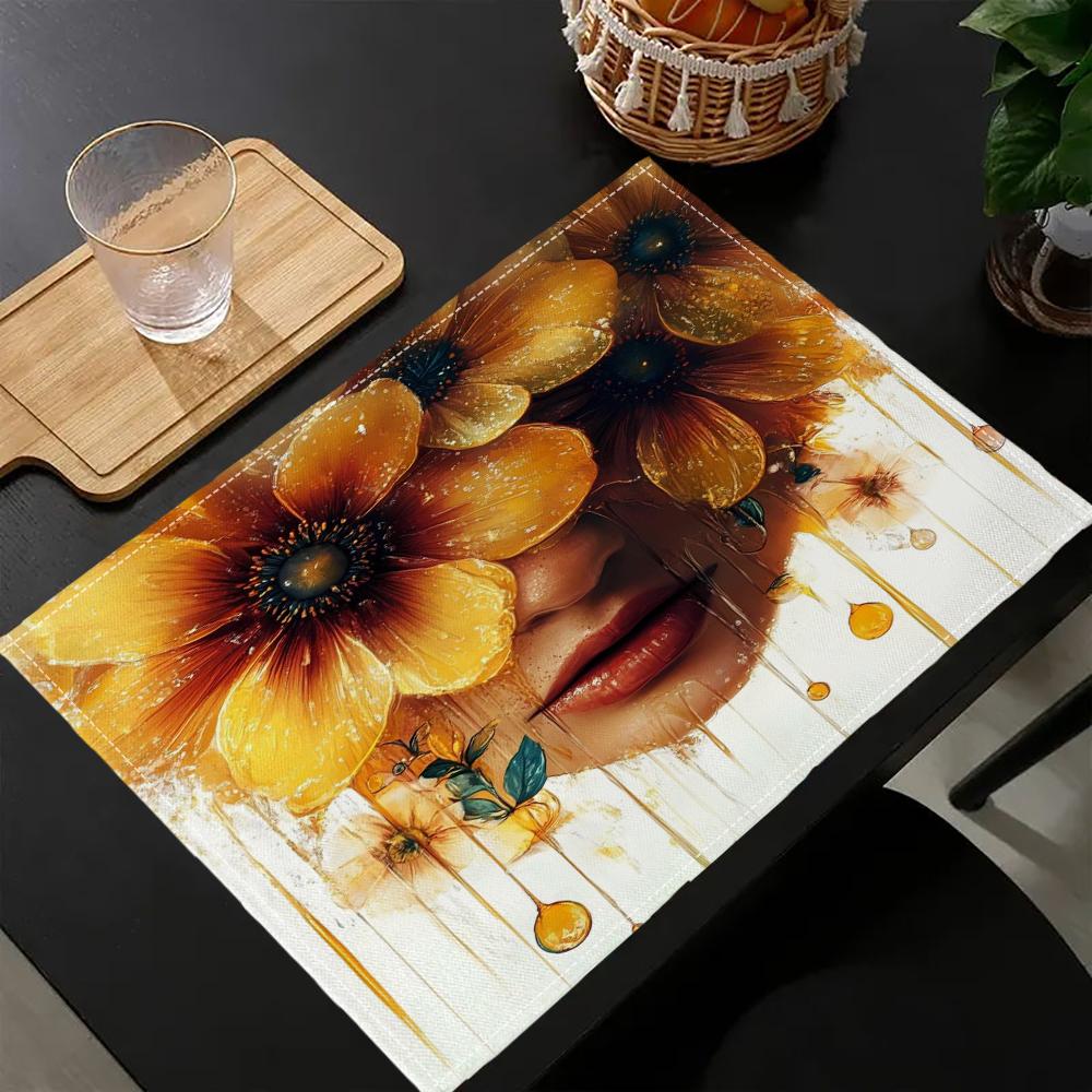 

6PC Abstract Woman Flower Print Placemats Antique Tribal Mats, Rustic Farmhouse Washable Linen 9-16 6PC 30x45CM