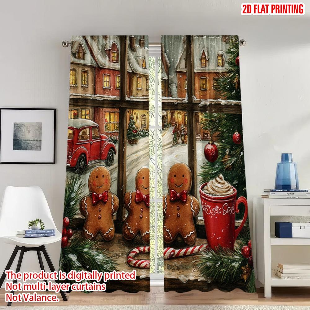

Set Of 2 Flat Printing Happy Christmas Scene Curtains Cozy Gingerbread Digital Printed Polyester Drapes Festive Made W100*H70(CM)-Grommet top&2PCS