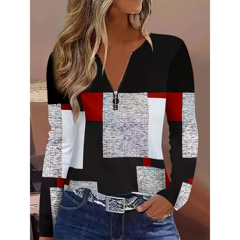 Ladies' 3D Printed V-neck Zipper T-shirt with Glossy Long Sleeved Top and Half Zipper Long Sleeved T-shirt