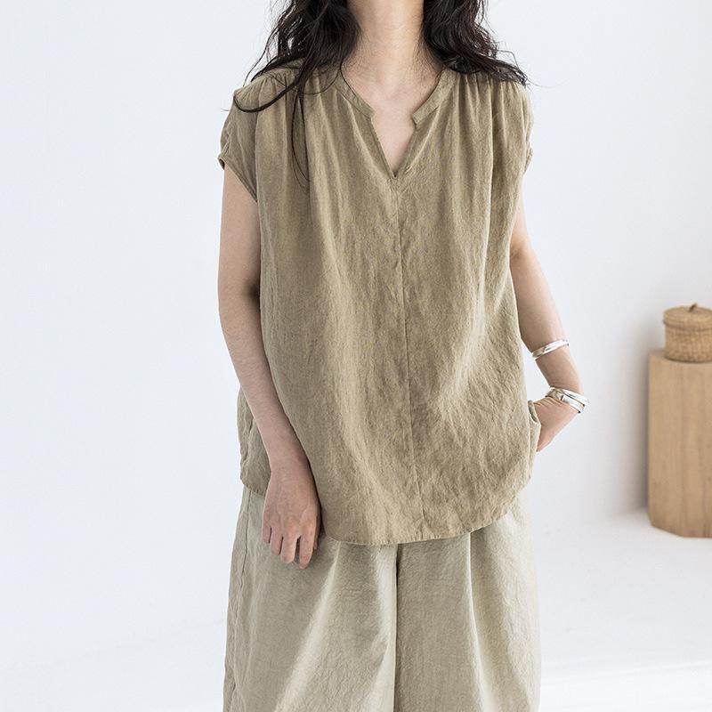 

Женская летняя льняная рубашка с V-образным вырезом и короткими рукавами, прохладная и свободная L