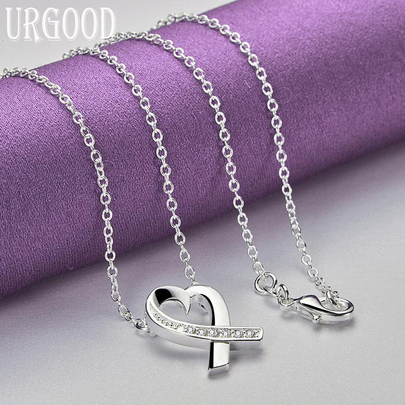 URGOOD 925 srebro serce 18 Cal naszyjnik dla kobiet moda biżuteria ślubna