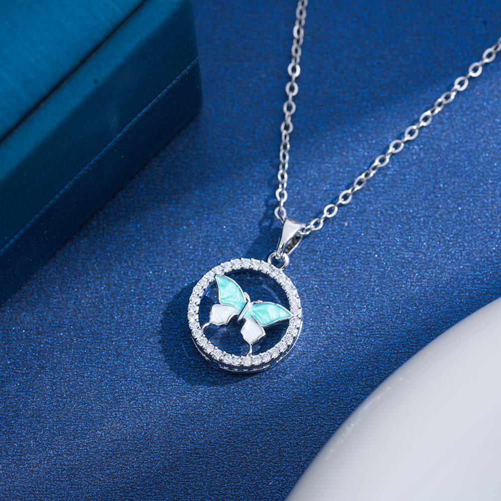 Titanium Steel Geometric Butterfly Rhinestone Pendant Necklace
