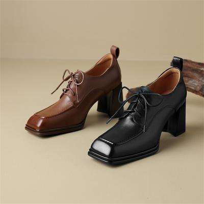Fashion New Spring Genuine Leather Women Shoes French Retro Square Toe Lace Women Pumps High Heels Loafers Shoes for Women Ladies Shoes