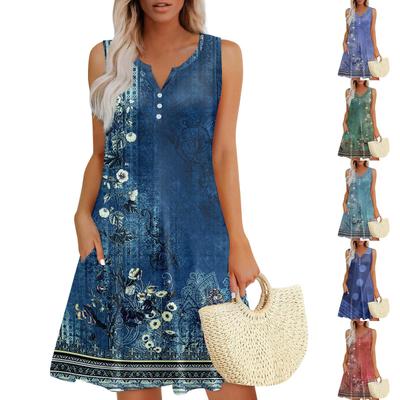 Womens Summer Dresses Loose V Neck Sleeveless Sundresses Dress With Pockets