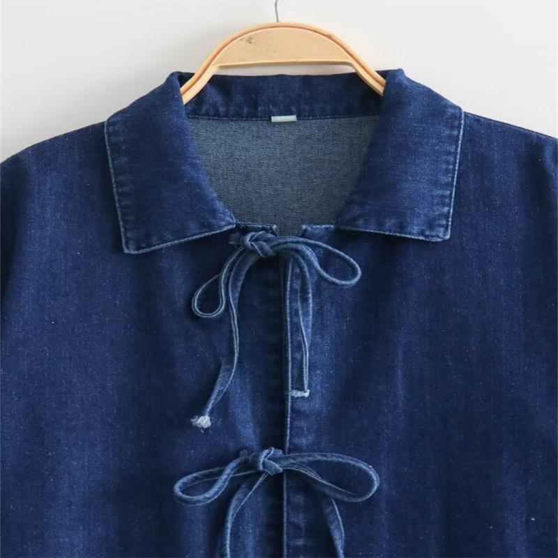 Women Turn Down Collar Bow Decor Long Sleeve Denim Shirt Jacket