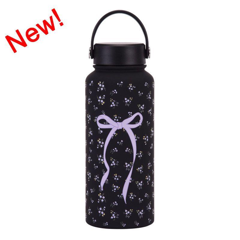 2025 New Model 1L Large Capacity Thermos Cup with Wide Mouth, Portable Handle, Sports Water Bottle, Outdoor Printed Water Cup for Women