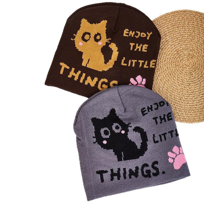 European & American Trend Jacquard Knit Hat - Cute Cat Cartoon Wool Beanie, Simple & Versatile Design