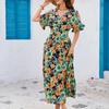 Women's Beachwear Navy Floral Print V Neck Ruffle Sleeve Long Dress