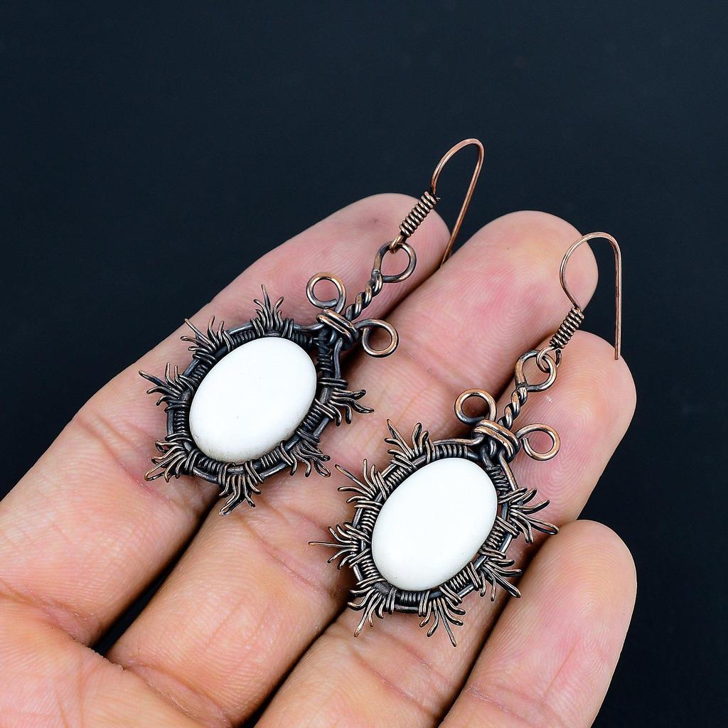 White Coral 999 Copper Wire Wrapped Earrings, Handmade Gemstone Earrings Jewelry, Gifts For Wife Brand New Earrings