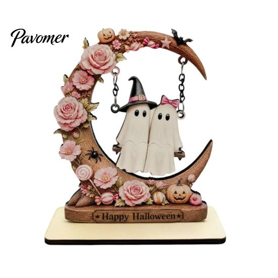 Natural Wood Spooky Decor Halloween Moon Swing Ghost Figurine, Reading On with Floral Tiered Tray Pumpkin Accents, Wooden Bookshelf for Desk