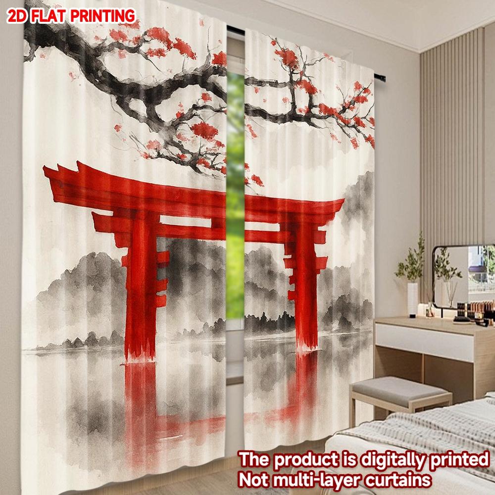 Set Of 2 Flat Printing Scene Curtains Cherry Blossoms Over Torii Gate Digital Printed Polyester Drapes Holiday Decorations Curtain