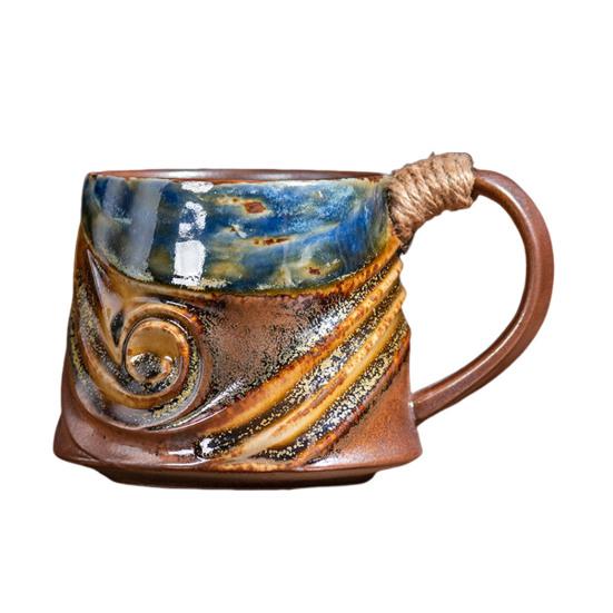 Handmade Ceramic Mug 320ml Vintage Tea Coffee Cup with Rattan Handle Creative Spiral Design Gradient Glaze Drinkware Home Decor Gifts